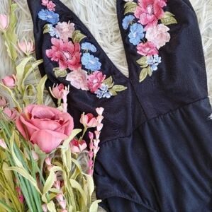 Floral Embroidery Black V Neck Sheer Bodysuit Pink Blue Black